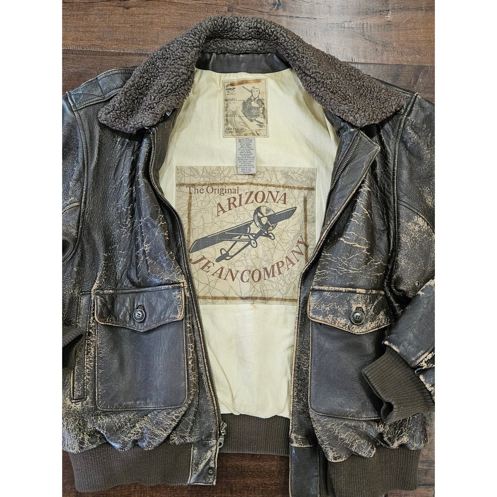 VTG Distressed Arizona Military XL Leather Bomber Flight Jacket Brown Sherpa